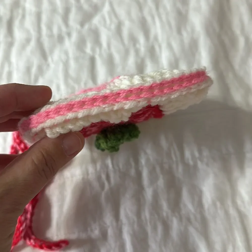 Handmade Crochet Heart Strawberry White Pink Red Green String Pouch Wristlet Bag
